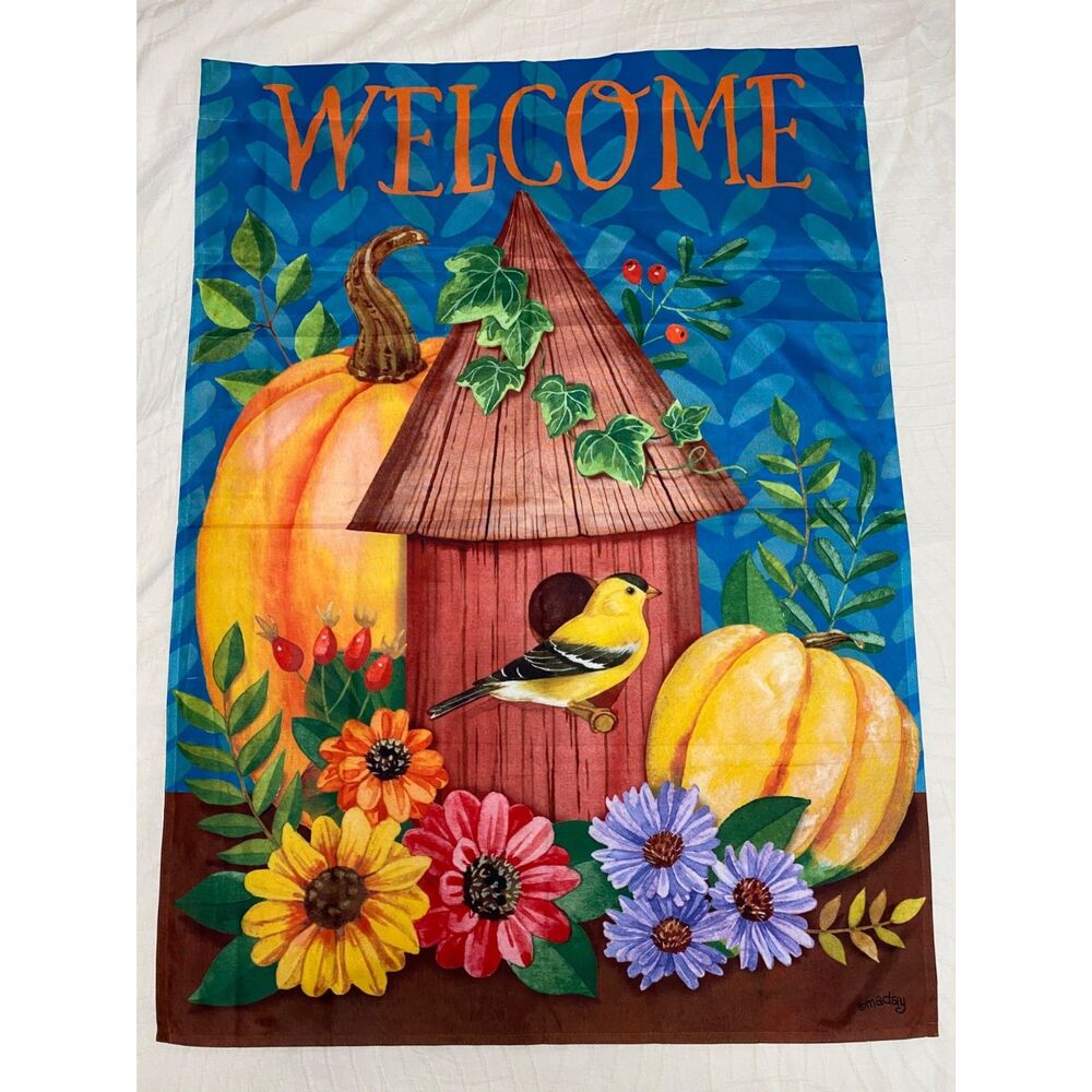 Garden Welcome Flag Birdhouse Pumpkins Flowers Yellow Goldfinch 30x40" MADAY